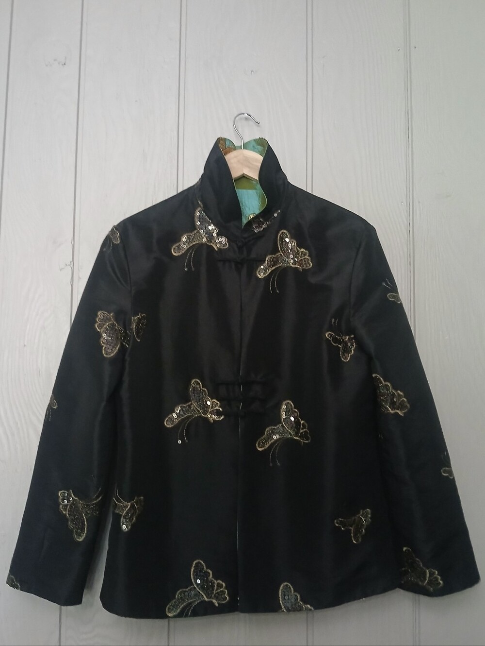 Women's Black And Green Reversable Embroidered Butterfly Chinese Jacket M/L
